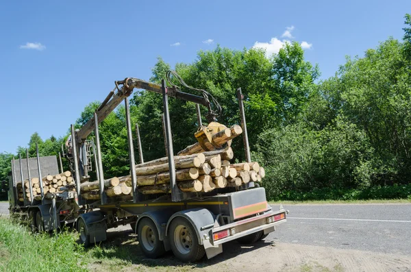 Schwerer Waldanhänger mit Holzstapel auf Straße — Stockfoto