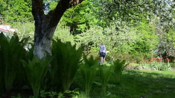 Mujer trabajo jardín césped — Vídeos de Stock