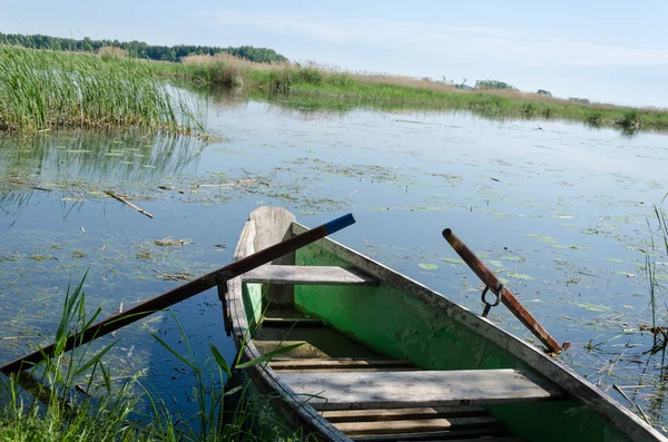 Starý rybářský člun s vesly do vysoké trávy pobřeží — Stock fotografie