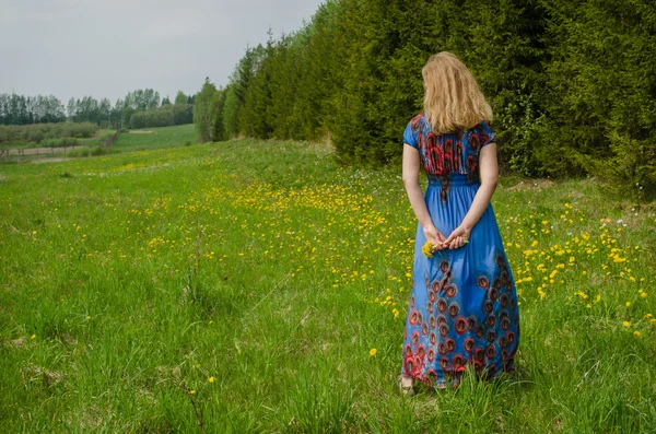 Dziewczyna z sukienka na łące z sowthistle w ręku — Zdjęcie stockowe