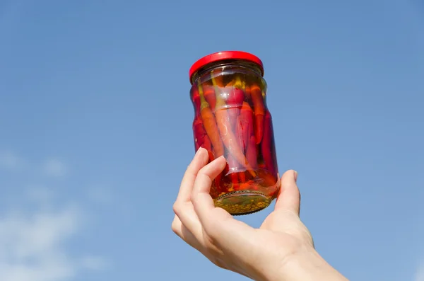 Chili pepper jar in hand on blue sky background — Stock Photo, Image