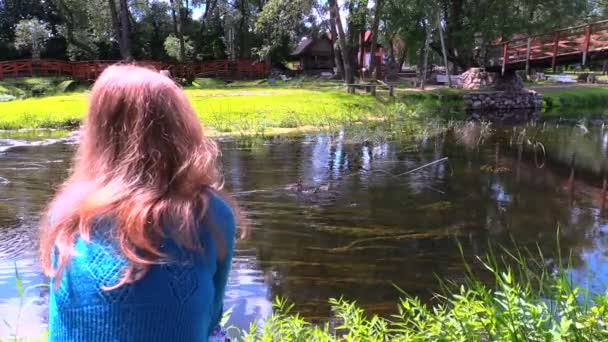 Vrouw voeden met brood wilde eend vogels in stromende rivier water — Stockvideo