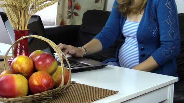 Primer plano de la mujer embarazada con las llaves azules del ordenador del sello del suéter — Vídeos de Stock