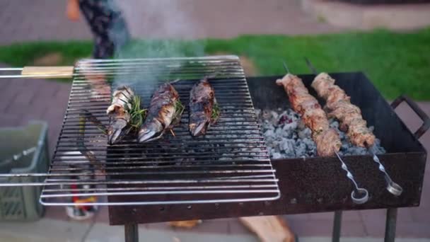 Carne di maiale shashlik e pesce scomber cottura sulla griglia. Fumo in aumento — Video Stock