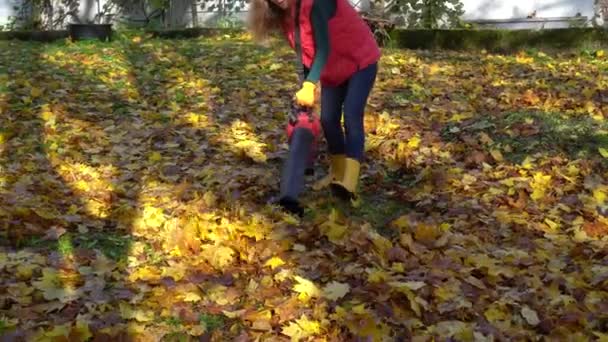 Gardener woman fight autumn leaves in house backyard with leaf blower machine — ストック動画