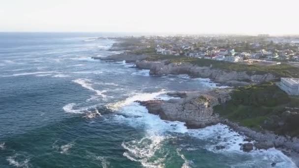 Aerial Rocky Coastline Small Town Waves Breaking — Stock Video