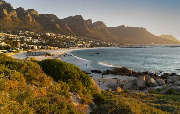 Güney Afrika Cape Town 'daki Idyllic Kamp Koyu Sahili ve Masa Dağı
