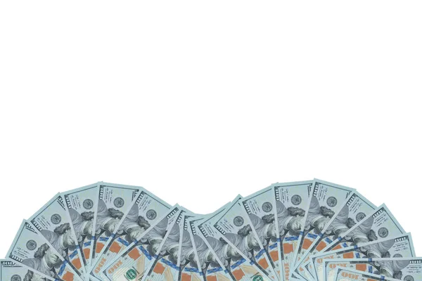 Αμερικάνικα χαρτονομίσματα σε δολάρια ως μέρος του παγκόσμιου χρηματοπιστωτικού και εμπορικού συστήματος. Ένα πλαίσιο με χαρτονομίσματα σε λευκό φόντο. Άνω όψη. — Φωτογραφία Αρχείου