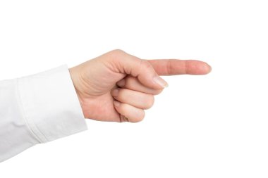 El hareketleri - insan eli işaret parmağıyla sanal nesneyi işaret ediyor, beyaz arka planda izole edilmiş.