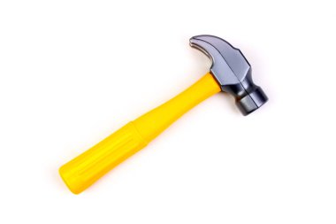 Oyuncak. Çekiç beyaz arka planda izole edilmiş. Üst görüntü. Çekiç beyaz arkaplanda izole edilmiş. Üst görünüm