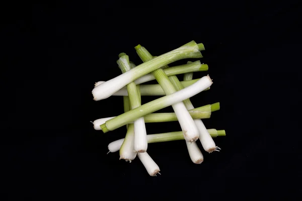 Fresh baby leek on black background — Stock Photo, Image