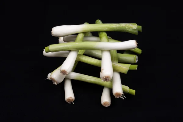 Fresh baby leek on black background — Stock Photo, Image