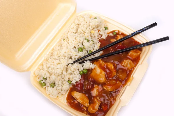 Take away chinese sweet and sour chicken with rice — Stock Photo, Image