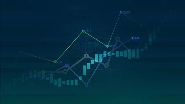 増加傾向の折れ線グラフとローソク足付きの金融チャート 要約インフォグラフィックの可視化 あなたのデザインのグラフィックコンセプト — ストックベクタ