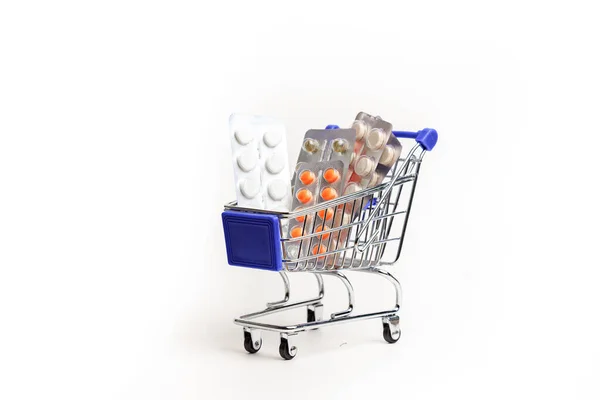 Shopping Cart Pills White Background Medicines Medicine Purchase Medicines Rise Stock Picture
