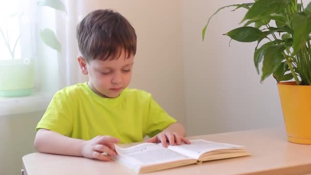 Der Junge liest am Tisch ein Buch. Kinderbücher. Extraschulische Lektüre. Hausaufgaben. Kindermärchen. — Stockvideo