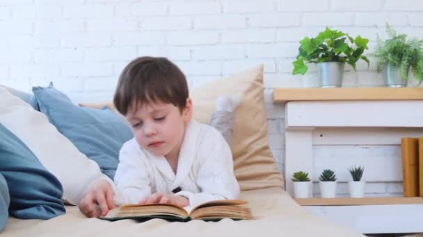 The boy is lying on the sofa and reading a book . Reading books. Development of children. An article about interesting childrens books. — Wideo stockowe