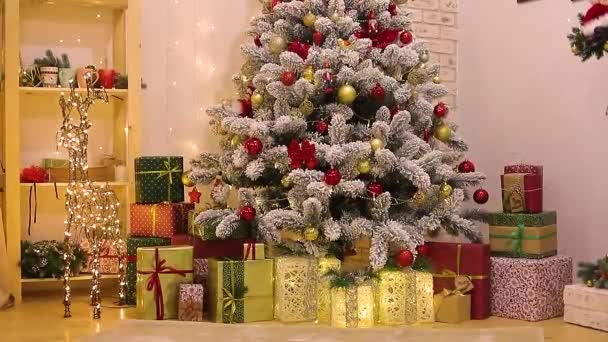 A twinkling garland on a Christmas tree . An article about Christmas decorations. An article about the New Year and Christmas. Holiday. — Wideo stockowe