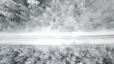 Orman manzaralı karlı bir yol. Kış manzarası. Karlı bir gün. Bir kuadrokopterin videosu. Kış 4K. Yolculuk