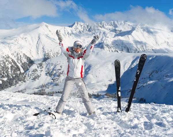 Cheerful skier on the top of mountain Pirin — Stock Photo, Image