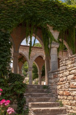 Yeşil bitkilerle kaplanmış antik kemer.