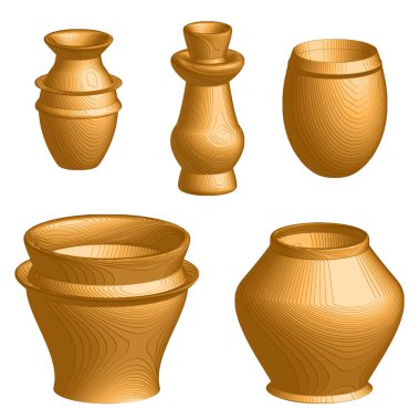 Pitcher, barrel, pots for milk, wine, water utensils isolated on white background