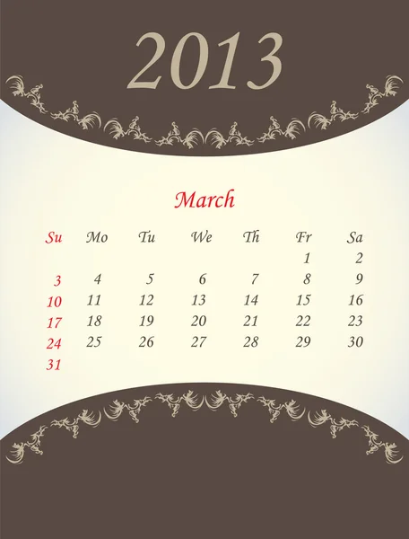 Calendário para 2013 - marcha — Vetor de Stock