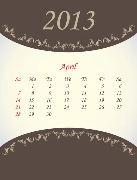 2013 年 - 4 月のカレンダー — ストックベクタ