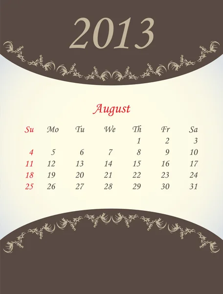 El calendario para 2013 - agosto — Vector de stock