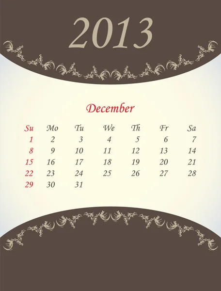 Calender for 2013 - december — Stock Vector