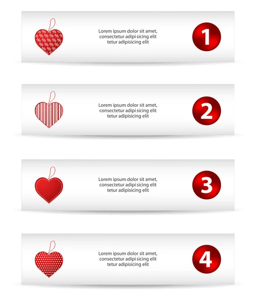 Zestaw czterech banerów z czerwonym sercem, Walentynki — Wektor stockowy