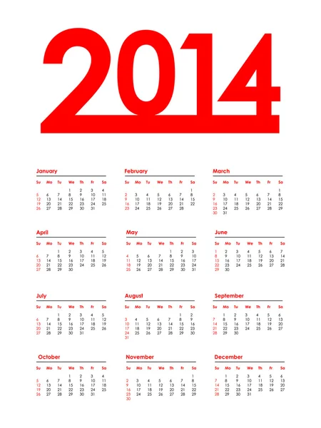 Special red calendar for 2014 — Stock Vector