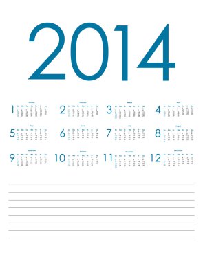 Özel mavi takvim vektör eps10 çizim için 2014,