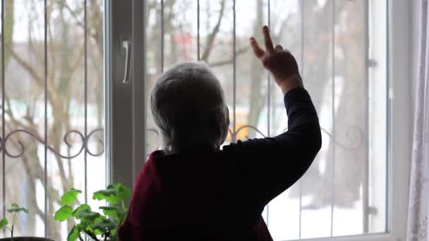 Una Mano Anciana Femenina Levanta Muestra Signo Con Dos Dedos — Vídeos de Stock
