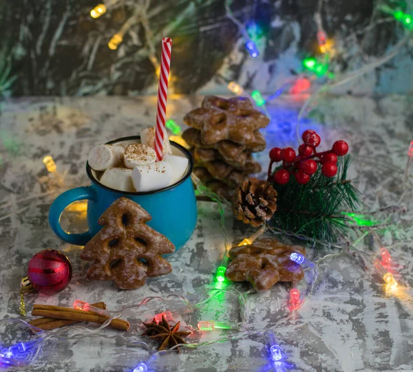 Guirnalda Navidad Delicioso Cacao Con Malvaviscos Mascar Una Hermosa Taza — Foto de Stock