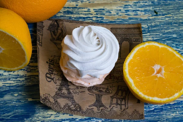 Appetizing Marshmallow Orange Blue Table Top View — Stok Foto