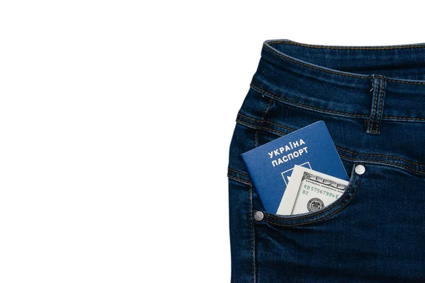 Passport Money Pocket Denim Pants Isolate White Background Copy Space — Stock Photo, Image