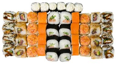 Sushi set on a white background, isolate, top view. Sushi rolls with tuna, shrimp, sesame, cheese and sauce