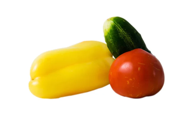 Légumes Juteux Tomate Concombre Poivron Doux Isolés Sur Fond Blanc — Photo