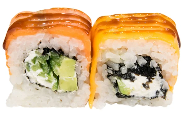 Delicious Sushi White Background Isolate Rolls Salmon Green Vegetables Avocado — Stock Photo, Image
