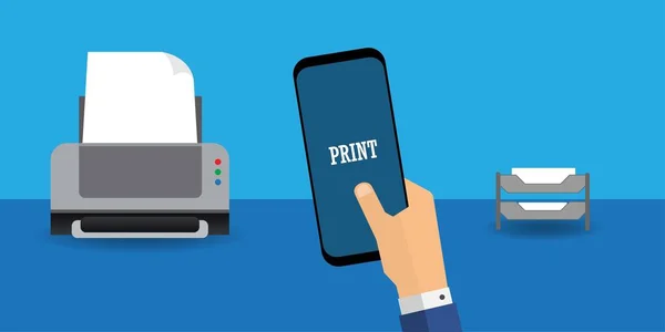 Mano Sosteniendo Teléfono Inteligente Con Impresión Texto Pantalla Impresora — Vector de stock