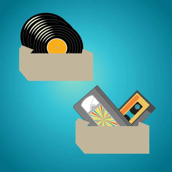 Deux Boîtes Une Avec Disques Audio Vinyle Autre Avec Cassettes — Image vectorielle