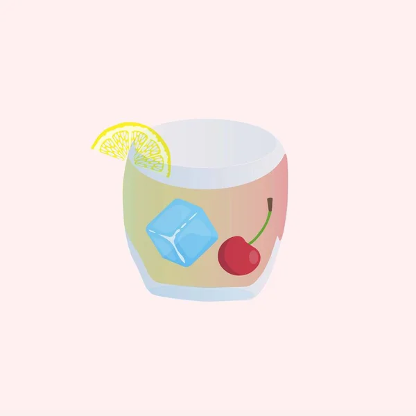 Glass Juice Cherry Ice Cube Lemon Slice — Stok Vektör