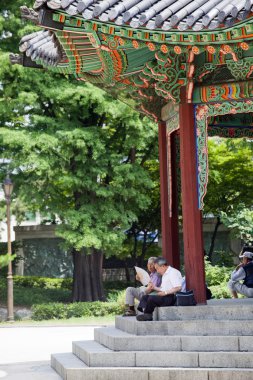 Koreli erkeklerin gölgede oturup.