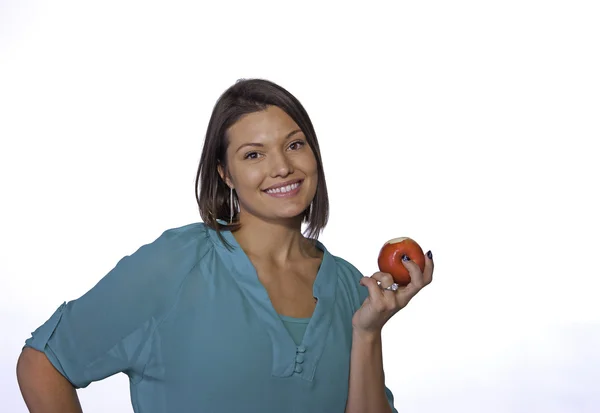 Woman holds red apple. — Stock Photo, Image