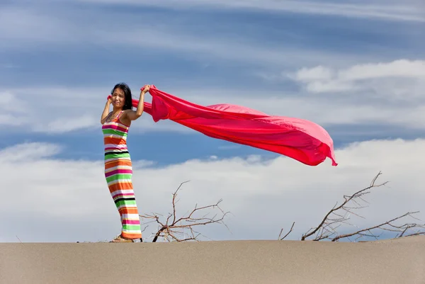 Vrouw in woestijn met roze doek. — Stockfoto