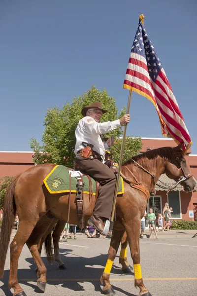 Man on horse carries a flag. — Stock Photo, Image