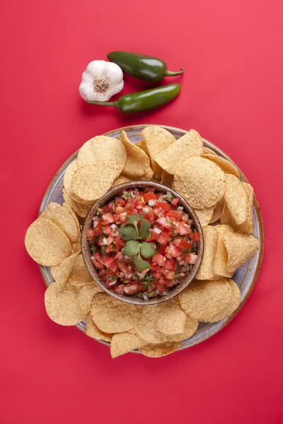 Cips ve salsa'na genel bakış. — Stok fotoğraf