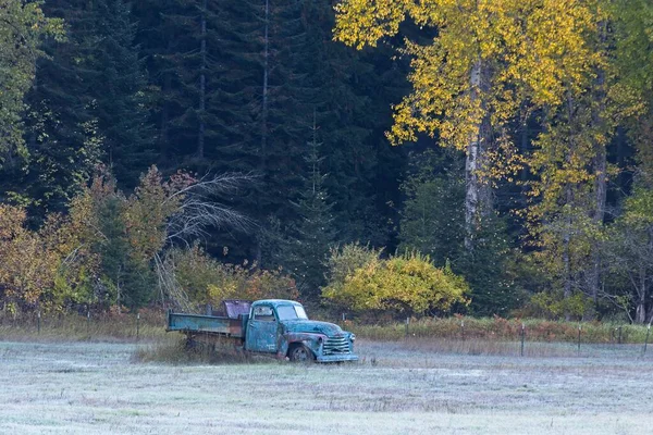 Caminhão Antigo Velho Senta Campo Por Árvores Com Folhas Amarelas — Fotografia de Stock