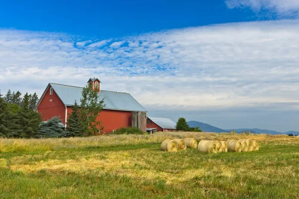 Red Barn Stands Field Hay Bales North Idaho — Stockfoto